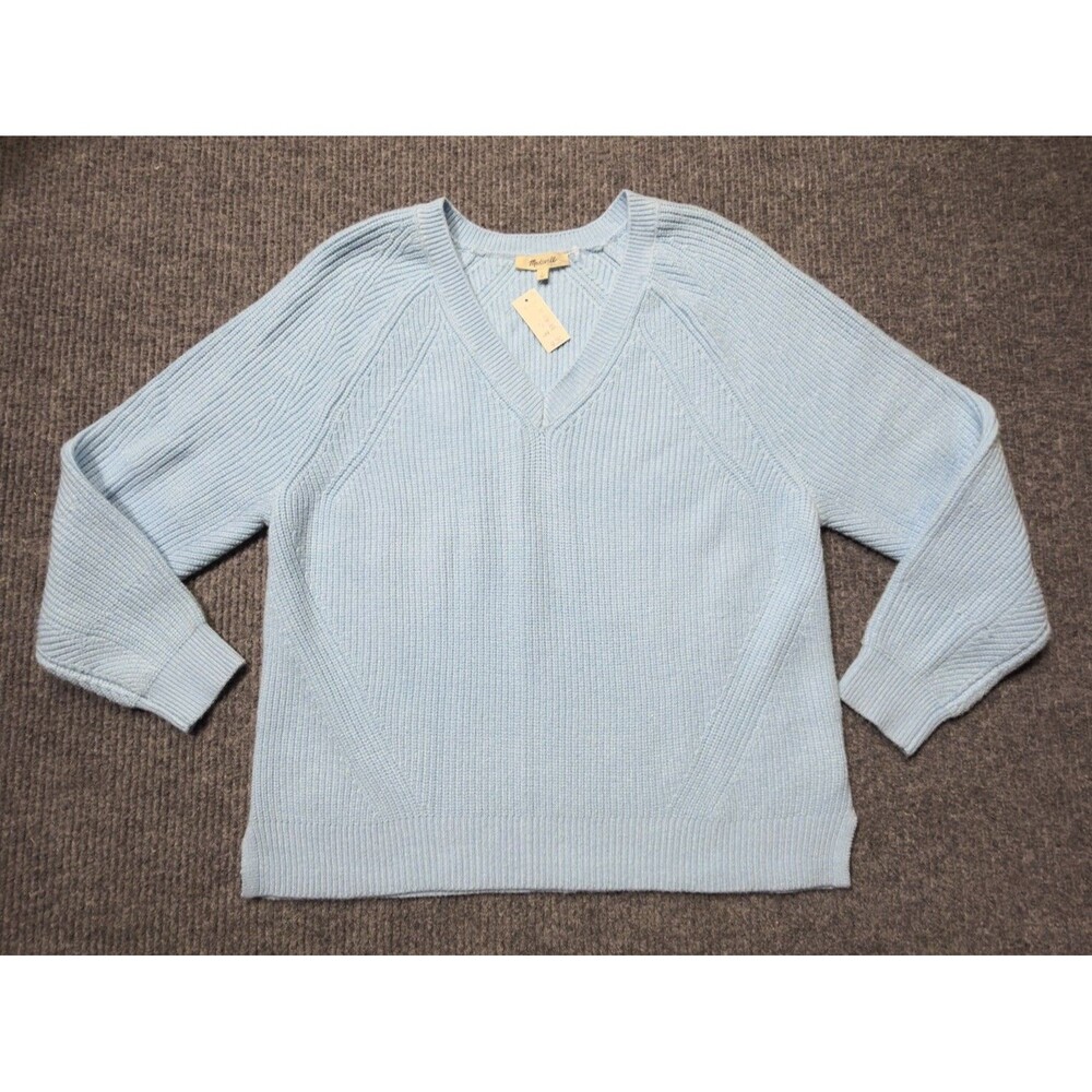 Madewell Women Size Large V-Neck Sweater Soft Knit Pullover Blue NEW